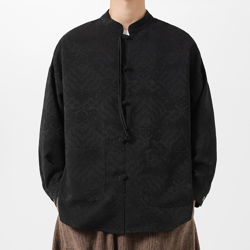 2025古风日系中式唐装汉服打底缎面长袖风衬衫C83P70,男装T恤,电商B375