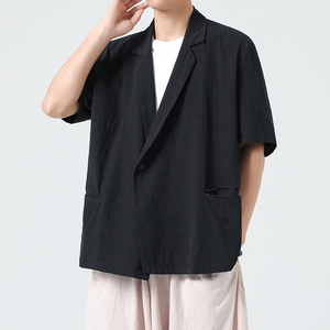 新中式宽松唐装复古中山装短袖棉麻风汉服夏西服 JK73 P80图片