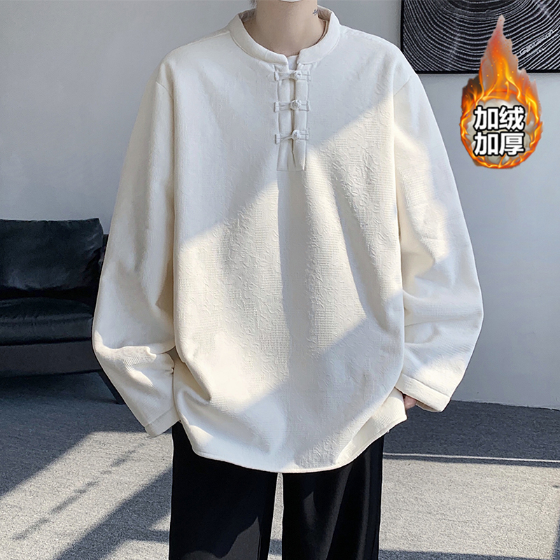 冬季宽松加大码加绒布衣风唐装汉服打底长袖T恤JK51P90，男装T恤，电商B375