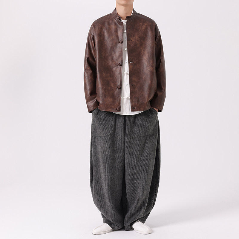 24年复古皮衣外套立领机车夹克风布扣唐装JK69P125,男装夹克,电商B375