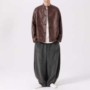 24年复古皮衣外套立领机车夹克风布扣唐装JK69P125