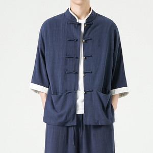 夏装港风立领汉服马褂风中式布衣短袖衬衫 C62 F70图片