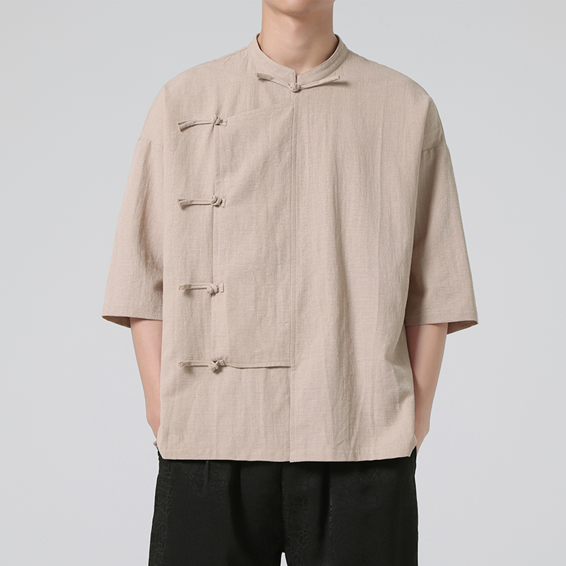 2025新中式立领模特图麻本色复古唐装中袖汉服衬衫C68P60，男装衬衫，电商B375
