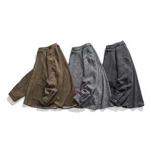 日系秋冬打底厚毛呢立领布扣中式宽松风长袖衬衫 JK49 P75图片