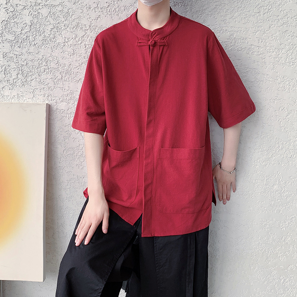 2026夏装宽松立领麻红色纯色汉服打底港风风衬衫 C61 F65图片