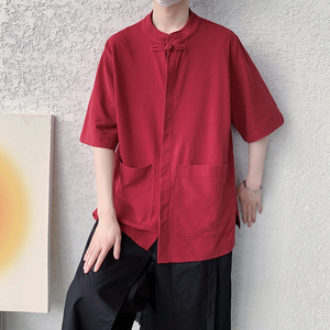 2026夏装宽松立领麻红色纯色汉服打底港风风衬衫 C61 F65图片