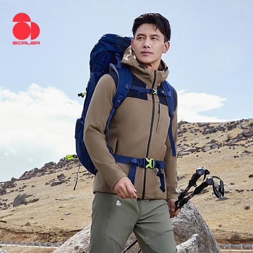 SCALER思凯乐户外软壳衣女款秋冬防风加绒保暖连帽男外套F2915595