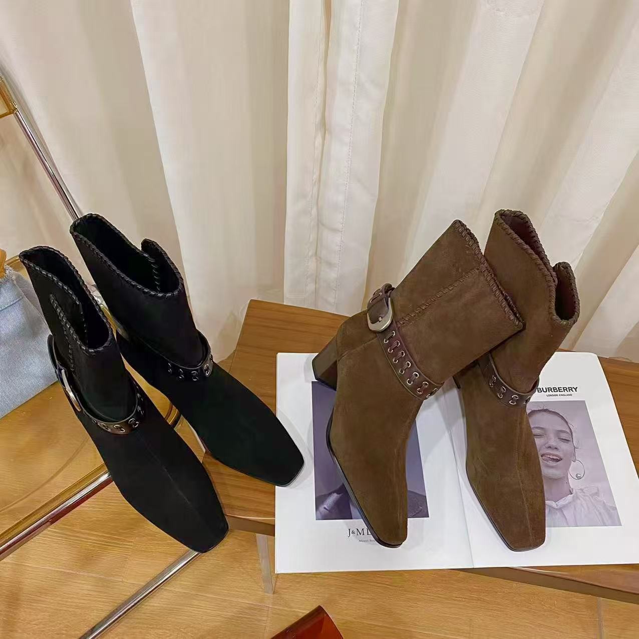 高档头层牛皮粗跟时尚短靴女