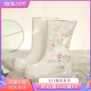 汉服靴古风靴子女古代鞋原创内增高九尾狐绣花秋冬翘头履圆领皂靴