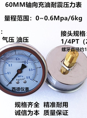YN60Z 60MM轴向无边充油耐震压力表 0~0.6MPA/6KG充油防震压力表