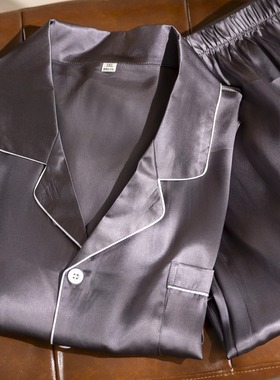 质感绝绝银灰色桑蚕丝真丝重缎男士睡衣两件套纯色简约家居服套装