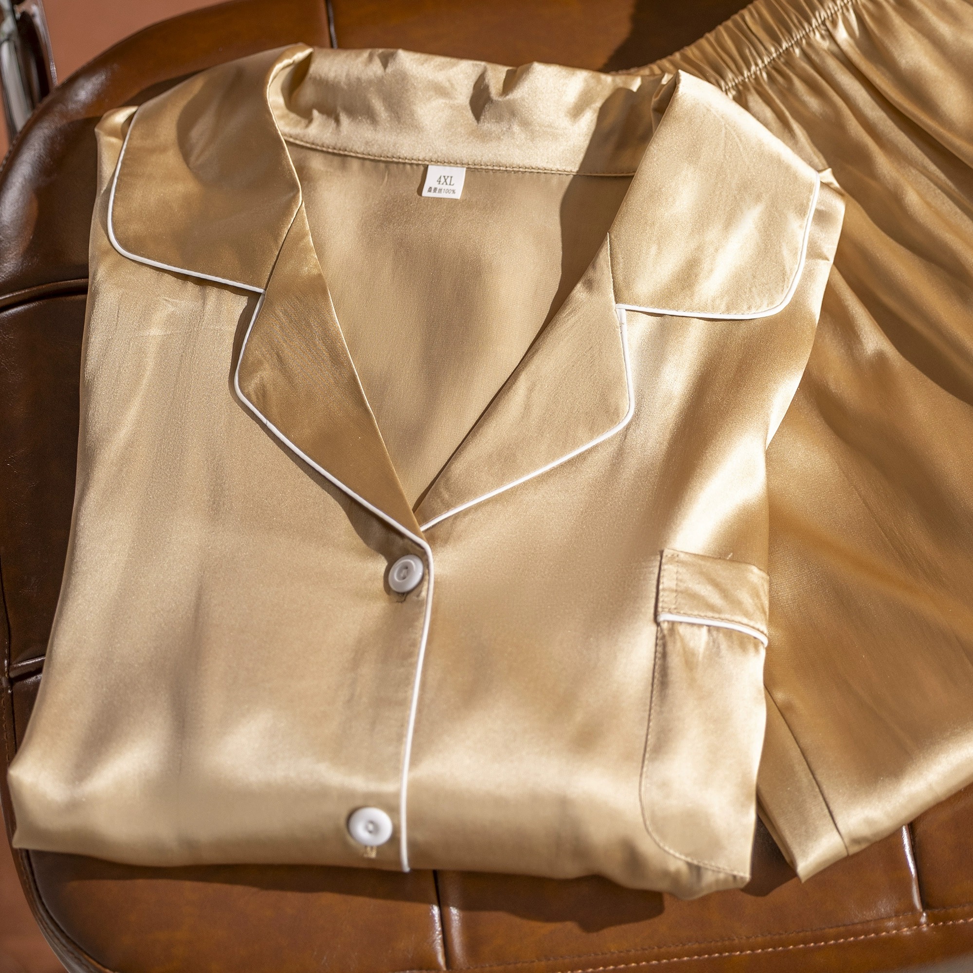 精致香槟金女士桑蚕丝真丝重缎睡衣两件套新款轻奢高级家居服套装