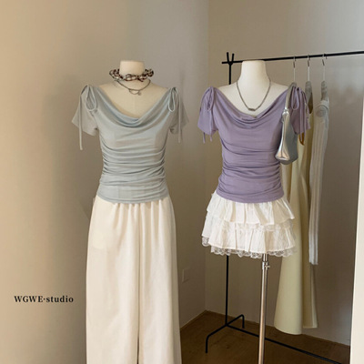 WGWE法式荡领设计感绑带短袖T恤女夏季设计感修身纯欲小衫上衣