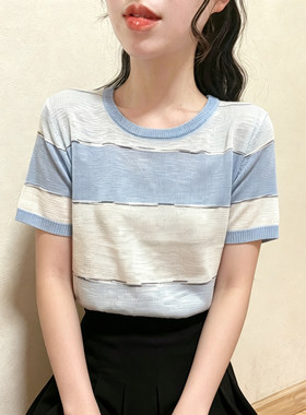 彩色条纹冰丝针织衫女款撞色短袖t恤2026新款薄款圆领小个子上衣