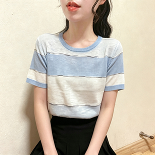 彩色条纹冰丝针织衫女款撞色短袖t恤2026新款薄款圆领小个子上衣