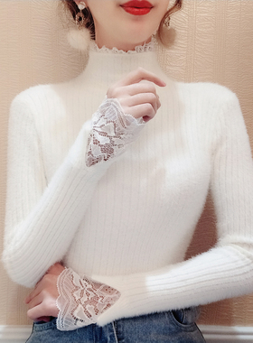 仿水貂绒毛衣女白色内搭2025新款冬高领加厚打底衫高级感蕾丝上衣