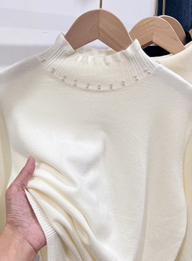 半高领针织打底衫2025新款配大衣女木耳边珍珠秋冬季内搭洋气上衣
