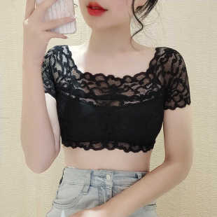 吊带裙内搭女短袖 美背上衣 带胸垫防走光蕾丝打底衫 夏半截裹胸短款