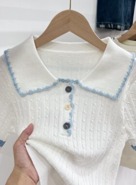 娃娃领针织衫短袖女款2026新款翻领撞色t恤修身麻花薄款上衣夏季