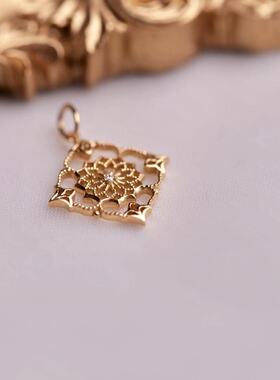 秒发日本代购agete风格纤薄钻石复古星光镂空菱形项链吊坠18K黄金