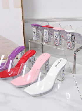 夏新款多色一字带高跟凉拖NewSummerClear High Heel Slide Mules