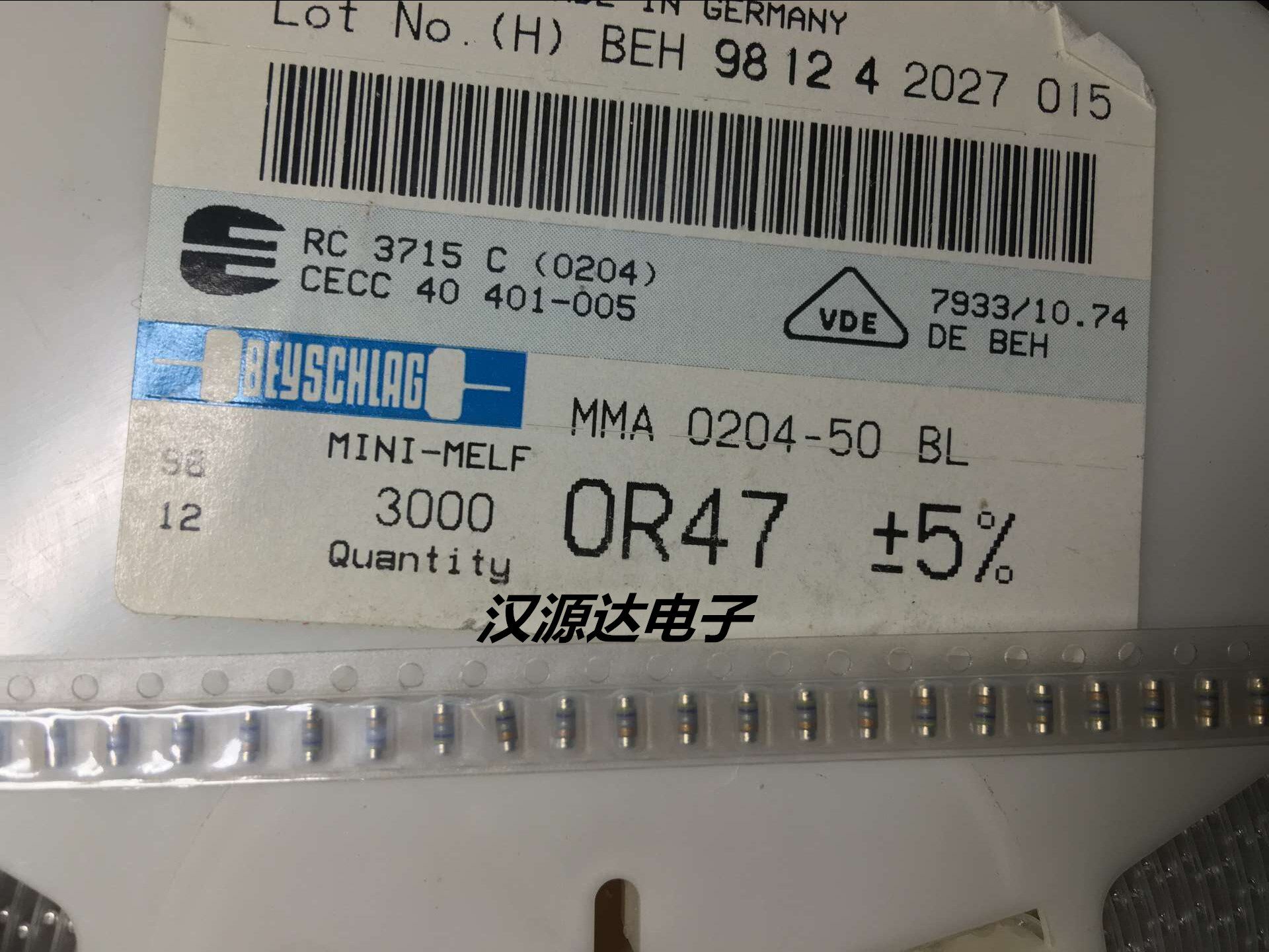 贴片色环晶圆电阻 0204 0.47r r47 5% 50ppm 0.4w mma0204-r47j