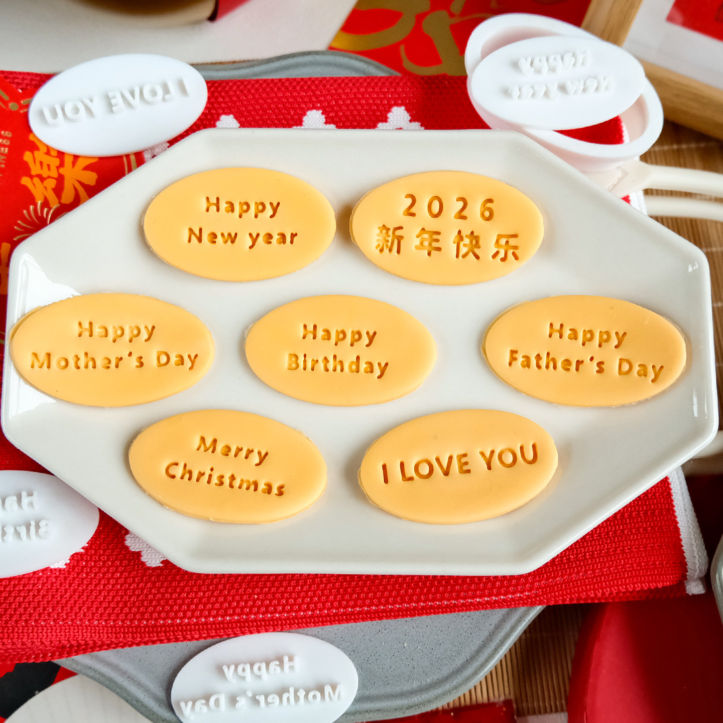 英文祝福语饼干模具新年节日圣诞生日父亲母亲节曲奇按压烘焙工具