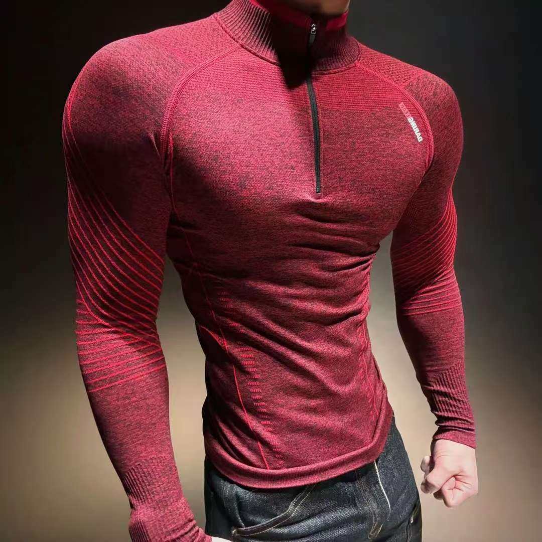 美式无缝提花运动健身训练速干长袖T恤男半拉链吸汗透气紧身上衣,运动服/休闲服装,健身衣,淘宝优惠券,粉丝福利购,淘宝优惠卷