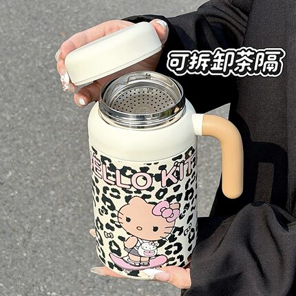 大容量豹纹Kitty保温杯女生高颜值不锈钢办公室泡茶水壶子带把手