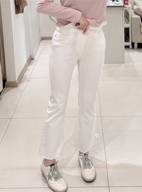 韩国进口2ne6白色微喇叭裤女九分裤弹力春夏显瘦高腰八分休闲裤