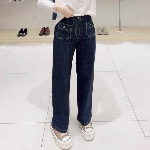 韩国代购ELTOO阔腿裤前口袋牛仔裤女秋季新款弹力高腰直筒休闲裤