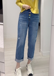 韩国代购howluk微垮男友牛仔裤女高腰春秋宽松显瘦直筒哈伦萝卜裤