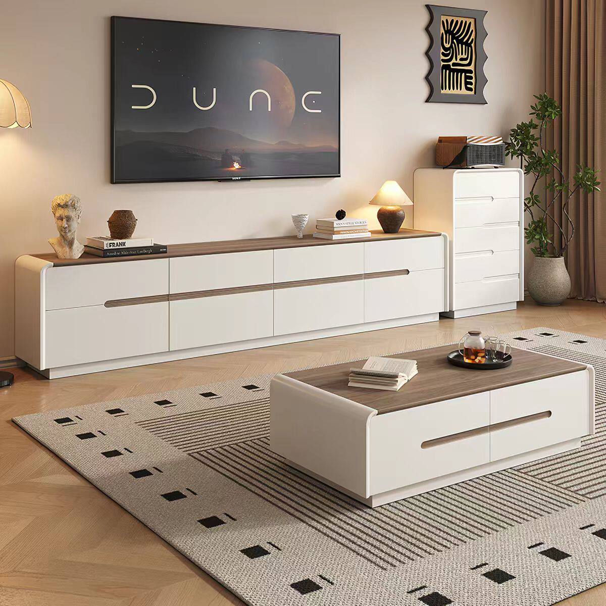 纯实木中古奶油风电视柜茶几组合胡桃木色面现代简约客厅落地高柜