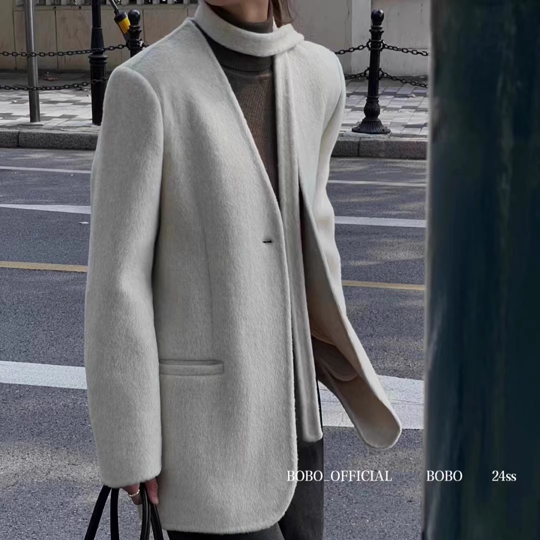 双面羊毛中长款V领外套
