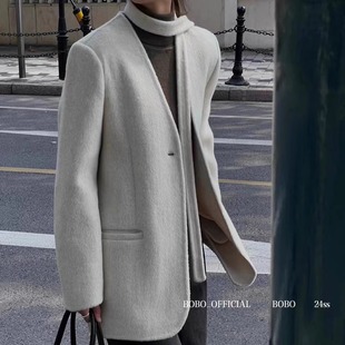 BOBO3073韩系简约气质V领系带双面羊毛西装 外套百搭显瘦羊毛大衣