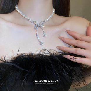 珍珠镶钻蝴蝶结项链时尚 项饰 个性 轻奢设计感小众锁骨链新款