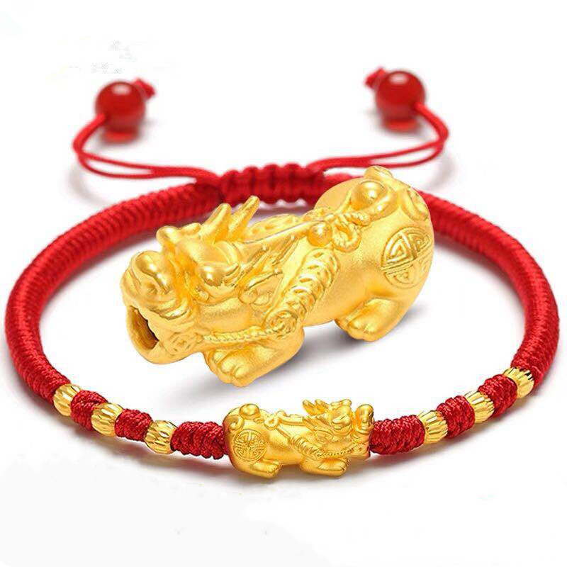 999足金貔貅3d硬金黄金貔貅石榴石手串手链男女款红绳