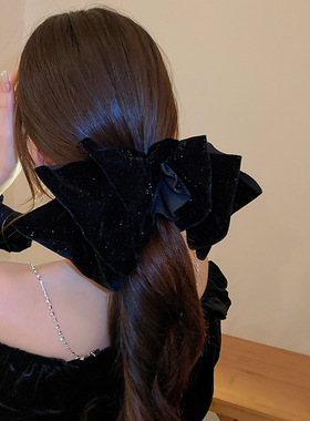 复古丝绒闪闪发夹高级感弹簧夹黑色马尾发饰超大号蝴蝶结头饰法式