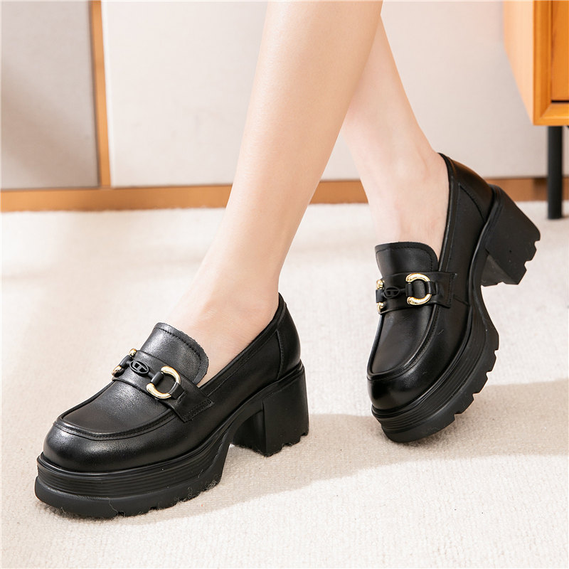 头层牛皮厚底增高单鞋