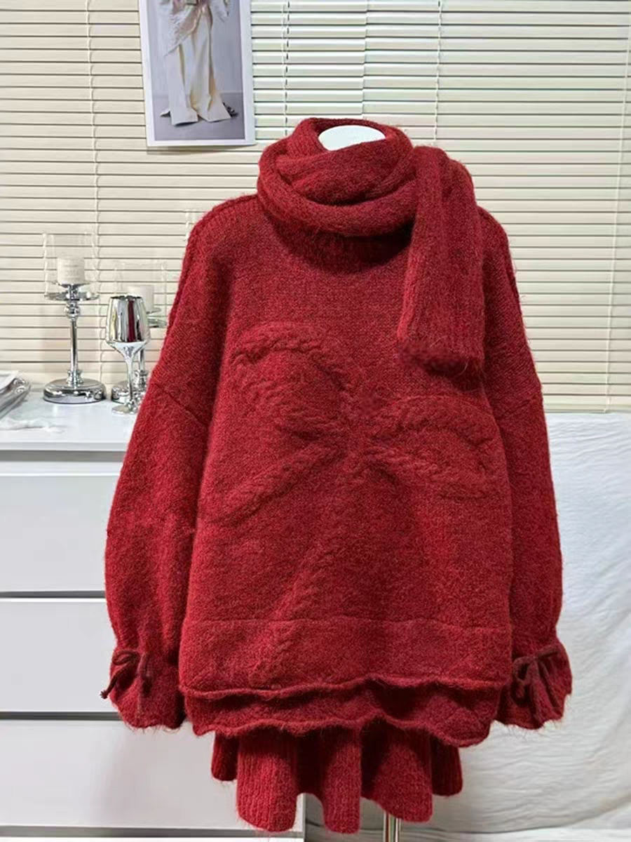 柚子与茶1009-2款温柔慵懒风针织衫秋冬韩版围巾毛衣短裙三件套