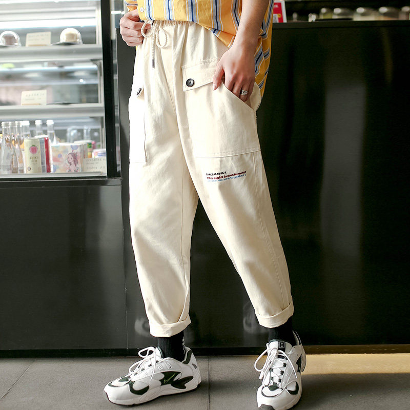 2020 spring new Japanese men's fashion letter embroidery large pocket overalls Nine-point pants trousers student Korean version