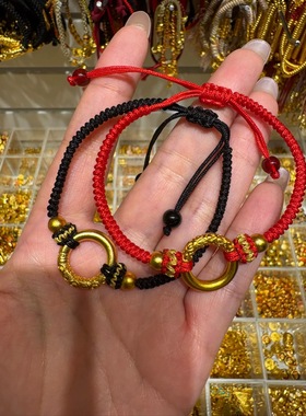 新中式国潮风古法錾刻平安扣手链情侣款本命年同心圆手绳红绳手链