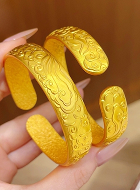 新中式国潮古法錾刻如意祥云纹手镯实心釉面开口镯子送女朋友礼物