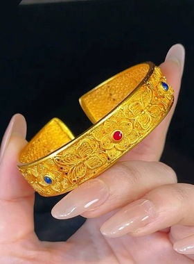 新中式宽面花丝蝶恋花手镯镂空錾刻蝴蝶花卉开口镯子宫廷风