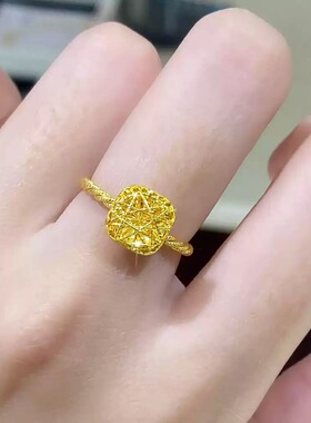 新中式国潮风拉丝镂空小方糖戒指女爆闪花丝戒子可调节活口指环