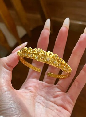 新中式国潮繁花簇锦开口手镯女款轻奢时尚气质高级感古法镶钻镯子