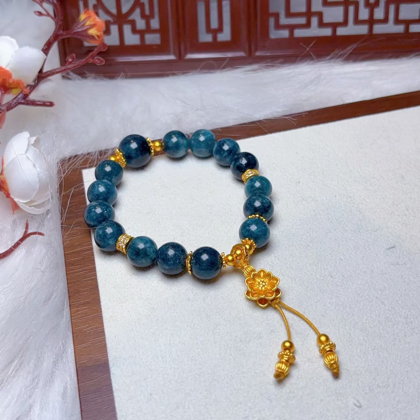 新中式古法沙金青金石转运珠莲花流苏手链复古高级气质手串