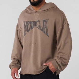 微瑕YLA高街潮流水洗做旧破坏风宽松休闲春秋毛圈印花连帽卫衣男