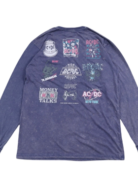 美式ACDC数码直喷水洗做旧复古美式街头朋克摇滚乐队长袖宽松T恤