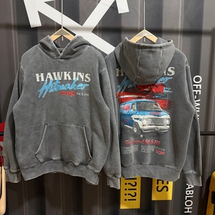 次品处理怪奇物语秋冬加绒加厚水洗做旧连帽卫衣美式 休闲宽松外套